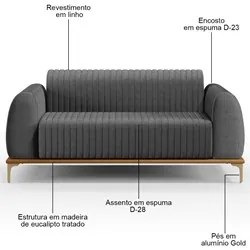 Sofá 150cm 2 Lugares Base Gold Molino D06 Linho C-416 Cinza Escuro - M