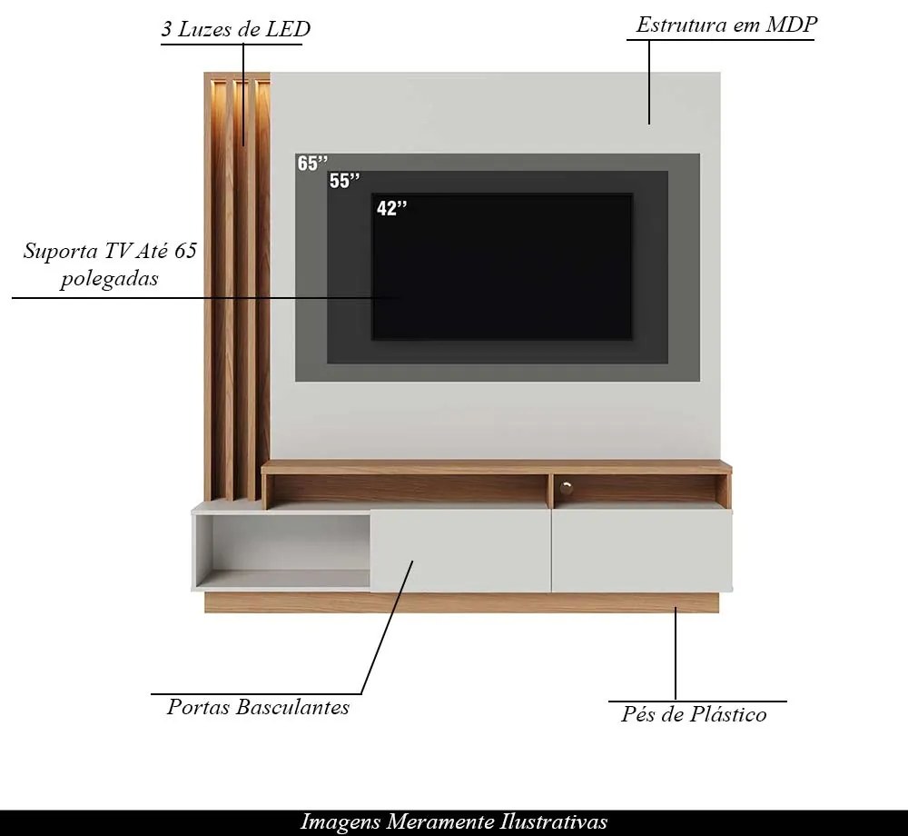 Estante Home Sala de Estar 180cm Filipina Led Off White/Freijó G73 - Gran Belo