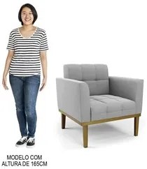 Sofá Namoradeira e 2 Poltronas Base Madeira Castanho Ana Suede Cinza -