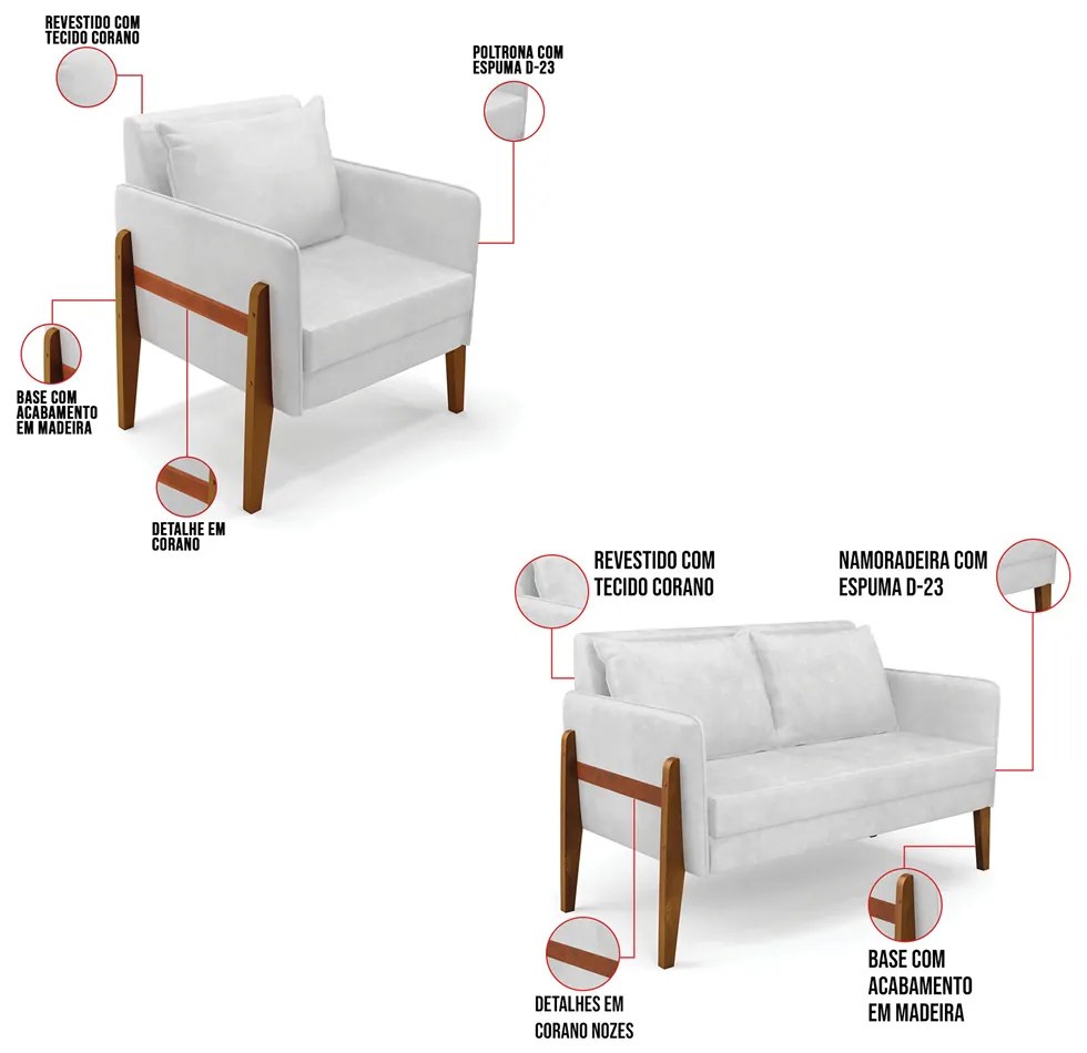 Kit 1 Sofá Namoradeira e 2 Poltronas Lana Corano Branco Base de Madeira