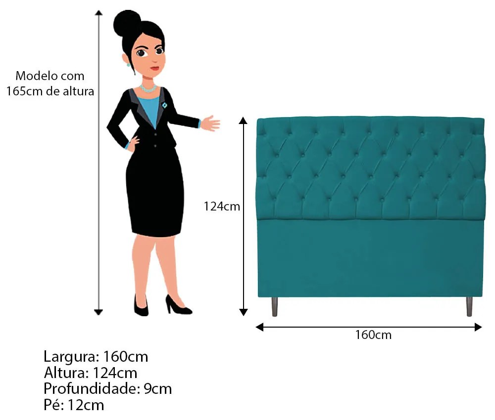 Kit Cabeceira e Calçadeira Liverpool 160 cm Queen Size Suede Azul Turquesa - ADJ Decor