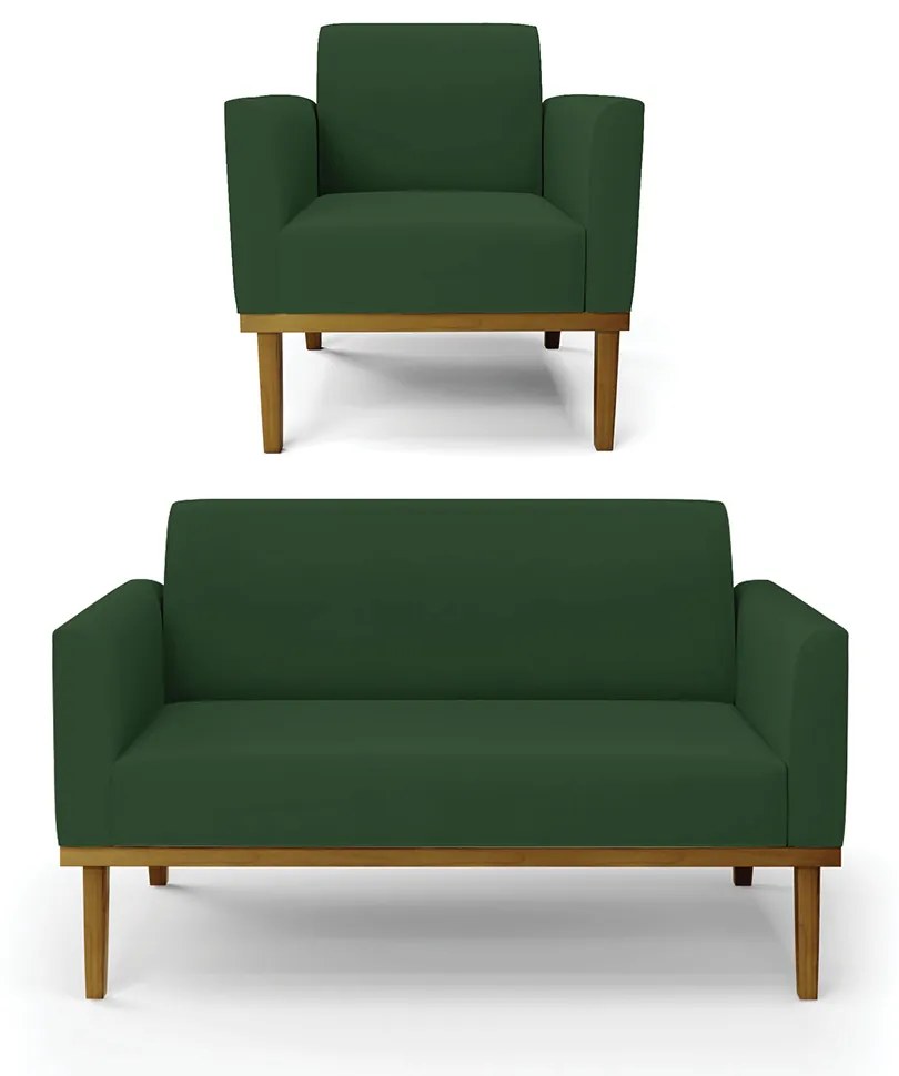 Conjunto Poltrona e Namoradeira Decorativa Isabella Pés Fixo em Madeira Castanho Veludo Verde Esmeralda G19 - Gran Belo