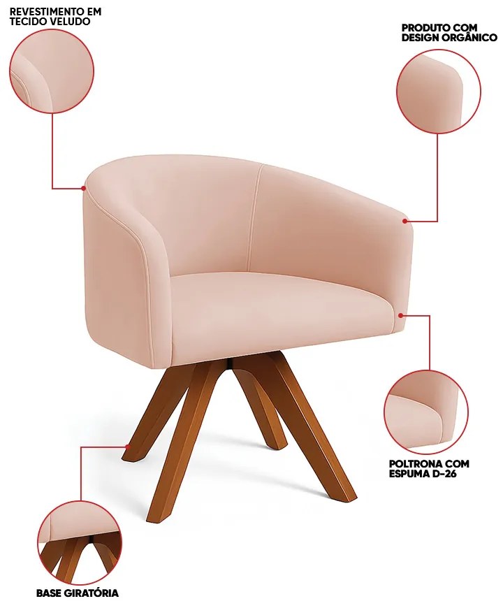 Poltrona Sala Base Giratória Madeira Arielle Veludo D03 - D'Rossi - Rose