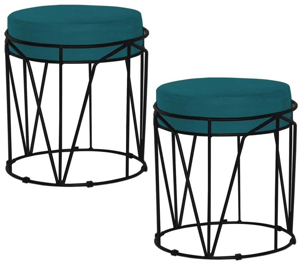Kit 2 Puffs Decorativo Sala de Estar Base Preto Chloe Suede Azul Claro G41 - Gran Belo
