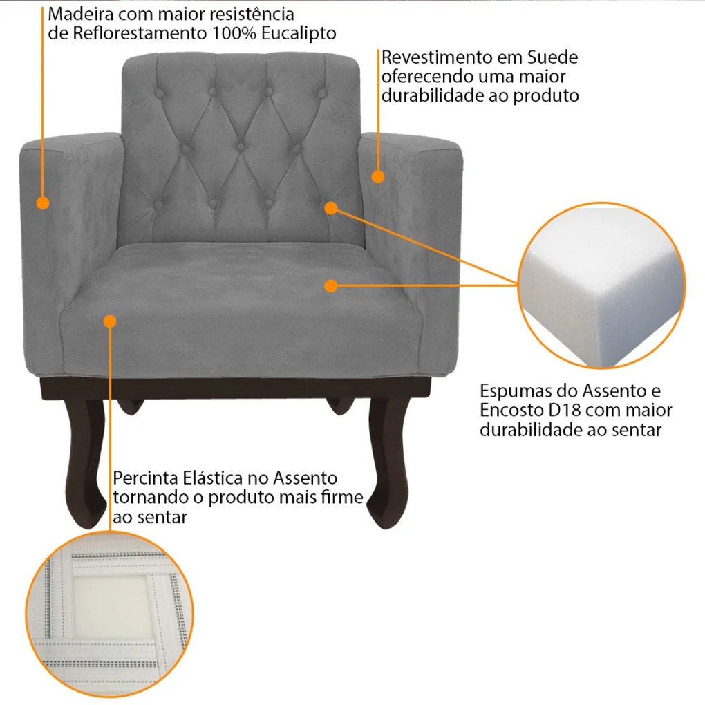 kit 02 Poltronas Classic Pés Luís XV Suede Cinza - ADJ Decor