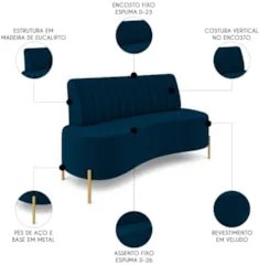 Sofá 2 Lugares 160cm Pés Aço Dourado Tamar Veludo Azul Z08 - Mpozenat