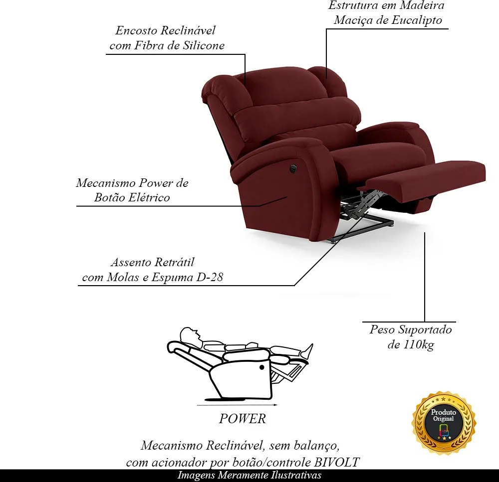Poltrona do Papai Sala de Cinema Reclinável Kylie Power Elétrica Veludo Vinho G23