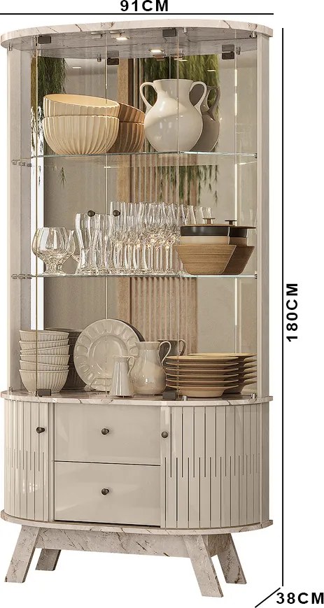 Cristaleira de Vidro com Led 91cm Sala de Jantar Zunari M20 - D'Rossi - Calacata e Off White