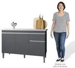 Balcão Gabinete Com Pia Inox 120cm 3 Portas e 1 Gaveta Tatiane Cinza -