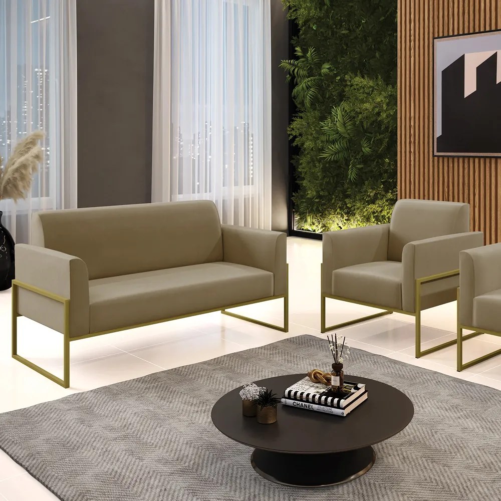Sofá Namoradeira com Poltrona Base Industrial Alta Dourado Marisa Suede D03 - D'Rossi - Marrom Rato