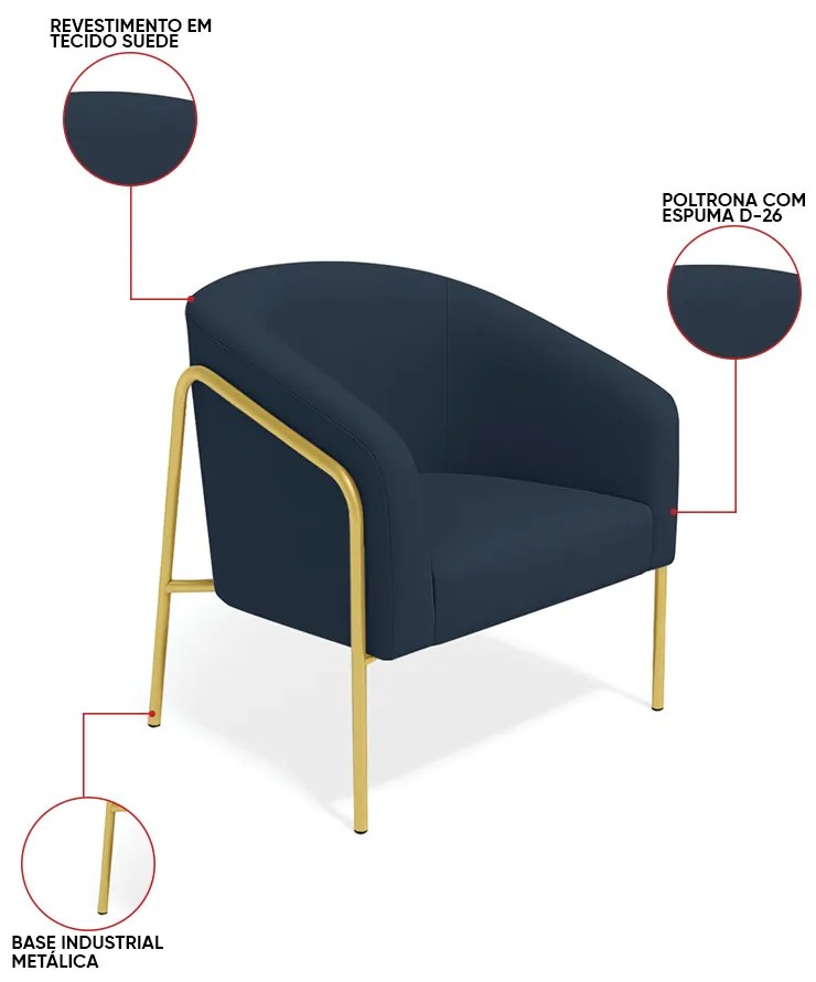 Poltrona Sala Industrial Alta Dourado Stella Suede D03 - D'Rossi - Azul