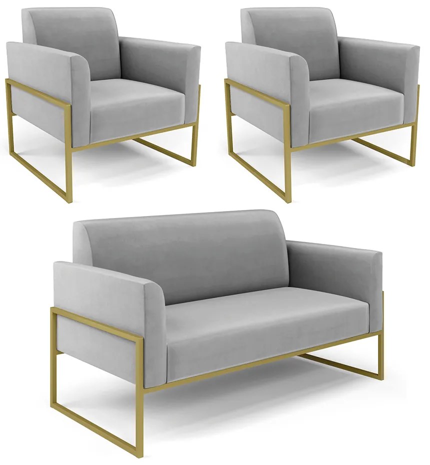 Sofá Namoradeira com 2 Poltronas Base Industrial Alta Dourado Marisa Suede D03 - D'Rossi - Cinza