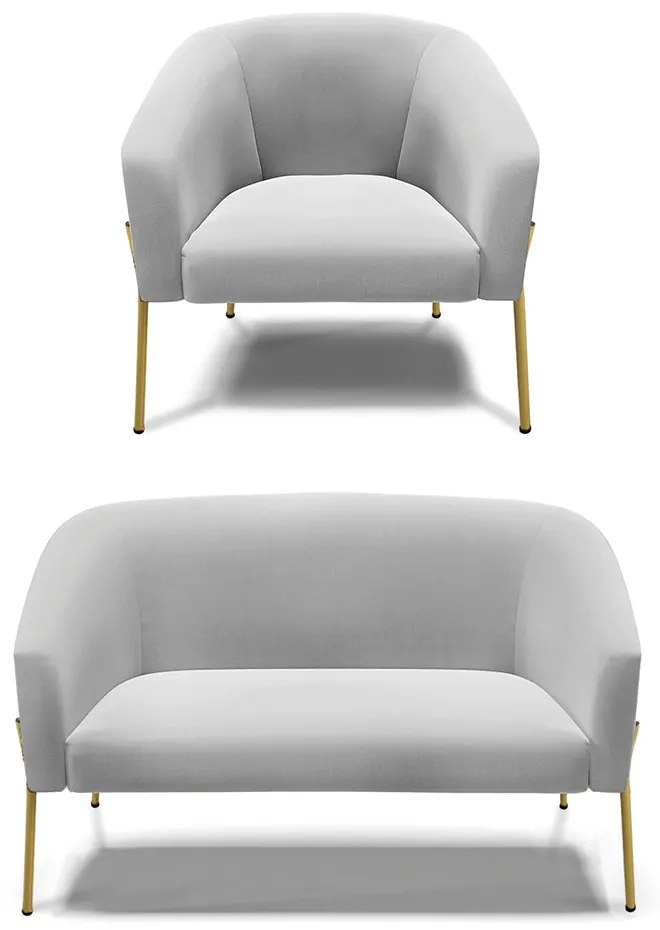 Sofá Namoradeira e Poltrona Pé de Ferro Dourado Stella Suede D03 - D'Rossi - Cinza