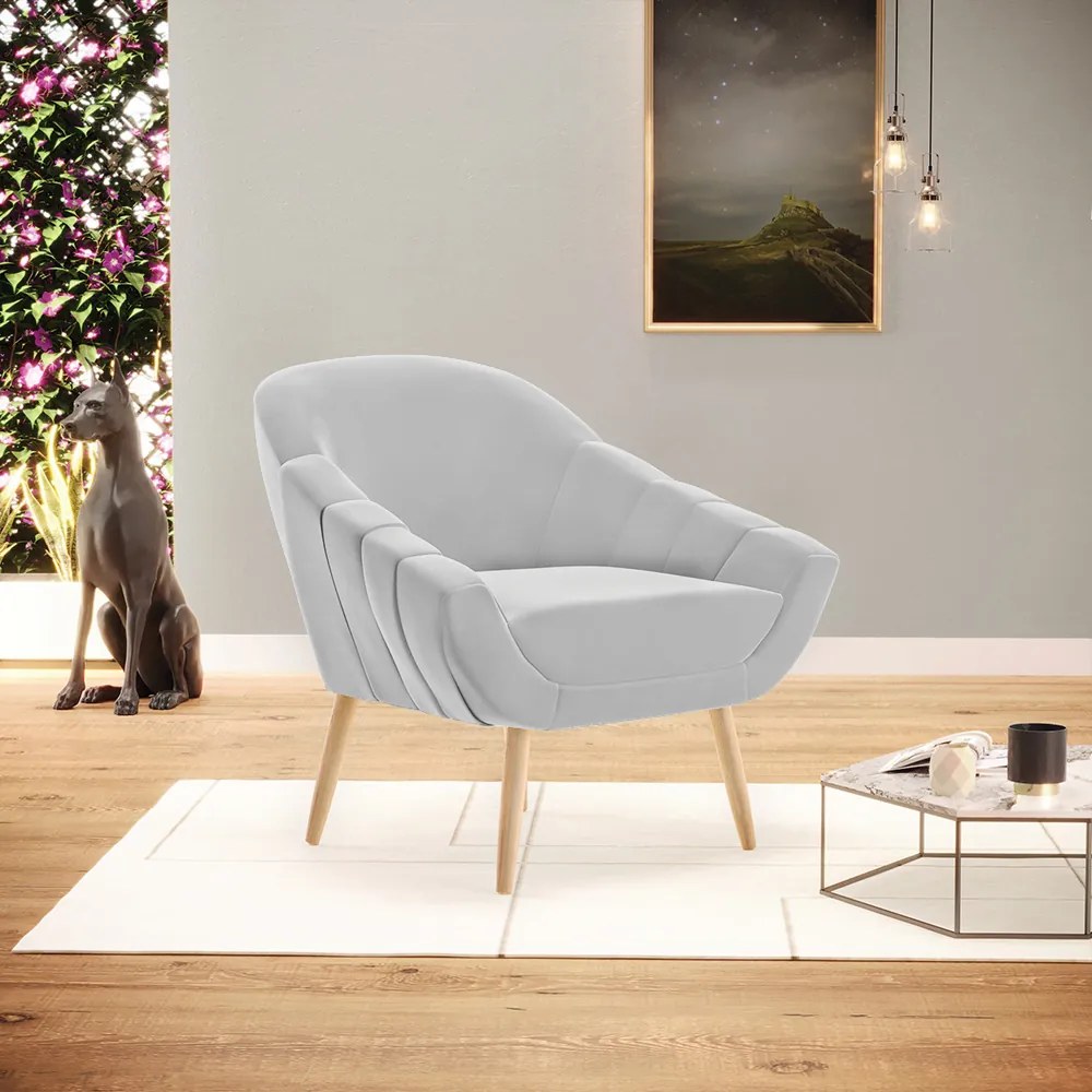 Poltrona Giovana Suede Cinza Pés Palito Natural - Indo Decorar