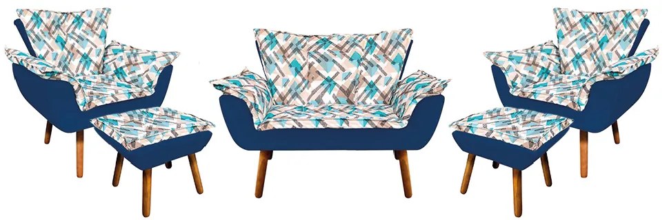 Kit 01 Namoradeira com 02 Poltronas e 02 Puffs Opala Composê Suede com Estampado Traçado Azul D33 Pés Palito Castanho - Azul Marinho