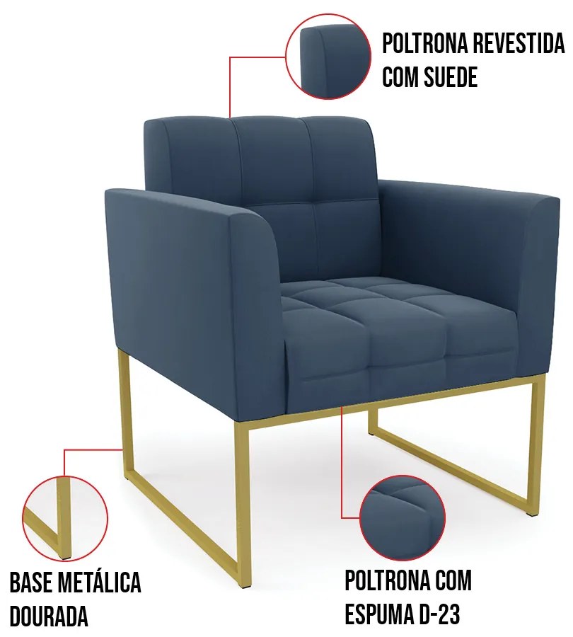 Kit 2 Poltronas Elisa Suede Base Metálica Industrial Dourado D03 - D'Rossi - Azul Marinho