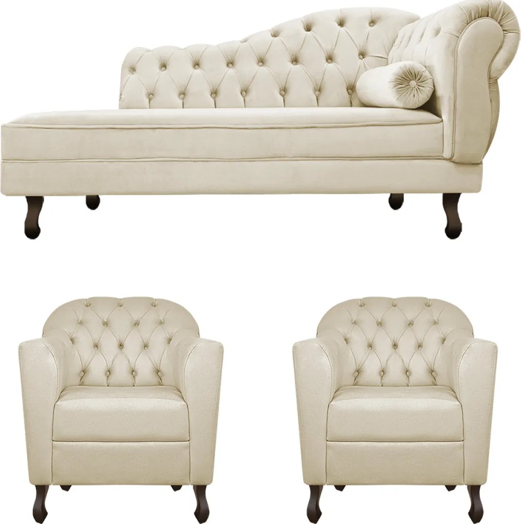 Kit Diva Recamier Diana 140cm Lado Esquerdo e 02 Poltronas Julia Linho - ADJ Decor