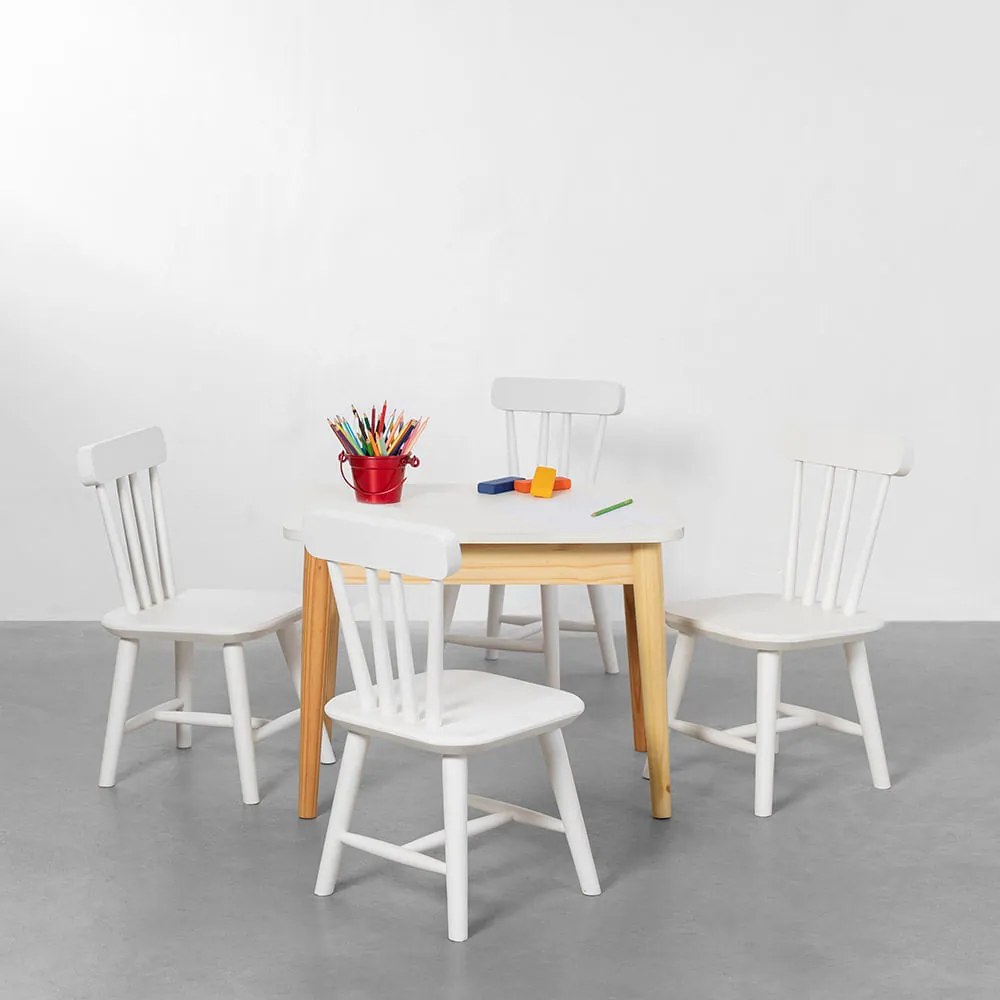 Conjunto Mesa Infantil Cissa Natural e Branco - 68cm + 4 Cadeiras Infantis Cissa - Branco