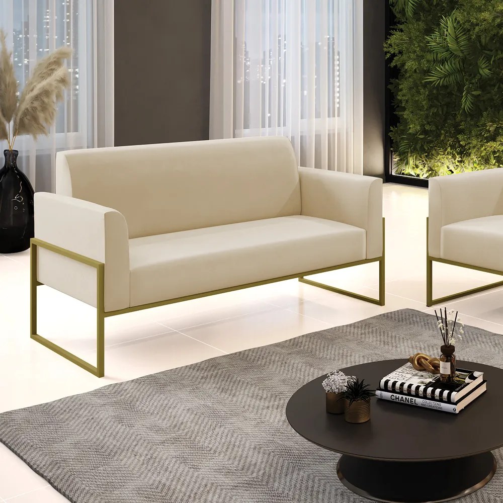 Sofá Namoradeira Base Industrial Alta Dourado Marisa Suede D03 - D'Rossi - Bege