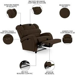 Poltrona do Papai Reclinável Kalie Power Touch FH9 Veludo Marrom - Mpo
