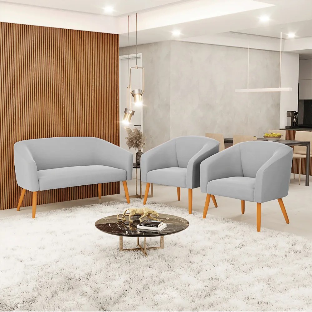 Namoradeira e 2 Poltronas Pé Palito Castanho Stella Suede D03 - D'Rossi - Cinza
