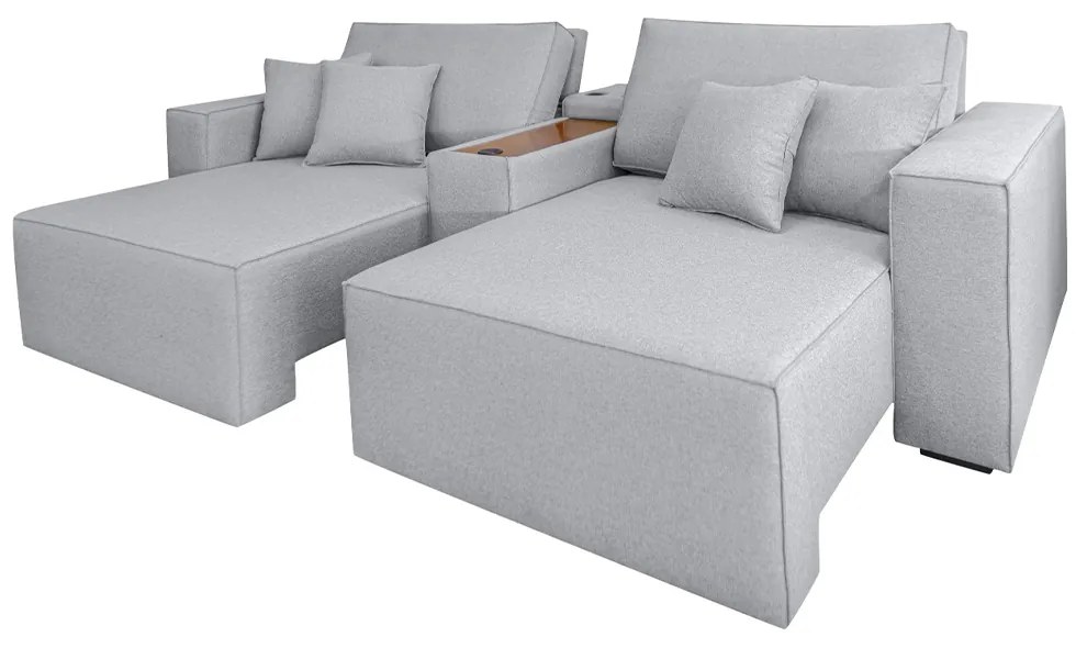 Sofá Decorativo Automatizado Shogun 272cm Reclinável 6 Posições Retrátil c/Console Central Entrada USB Bluetooth Linho Cinza Claro G33 - Gran Belo