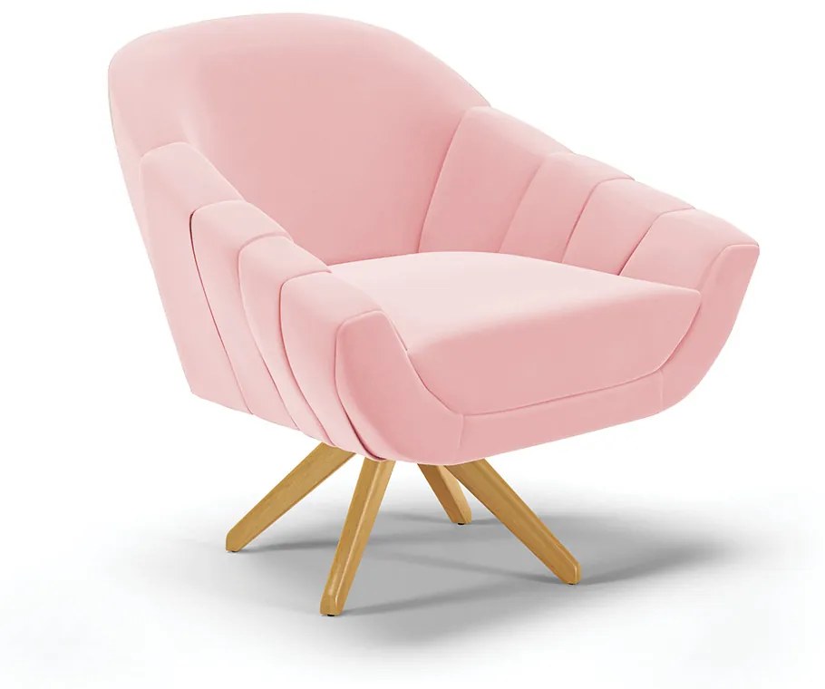 Kit 01 Namoradeira 02 Lugares e 01 Poltrona Giratória Giovana Suede Rosa Bebê Base Madeira MA30 - D'Rossi