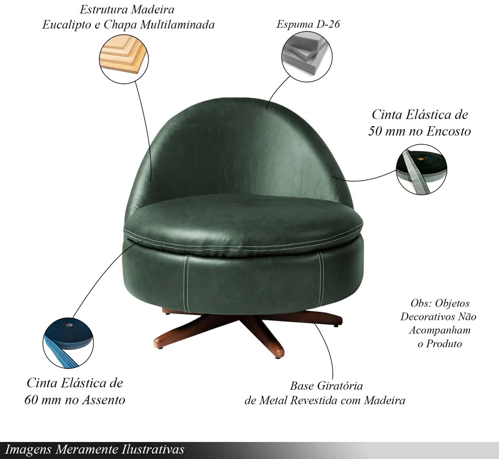 Poltrona Sala de Estar Giulio Base de Ferro Giratória PU Verde G92 - Gran Belo