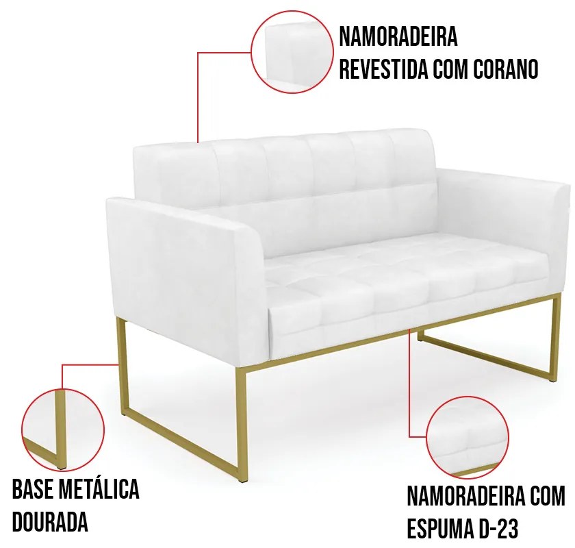 Kit 1 Sofá Namoradeira e 2 Poltronas Elisa Corano Base Metálica Industrial Dourado D01 - D'Rossi - Branco