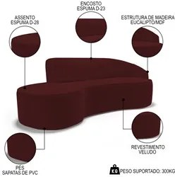 Sofá Living  3 Lugares 260cm Braço Direito Mozart D06 Veludo Vermelho