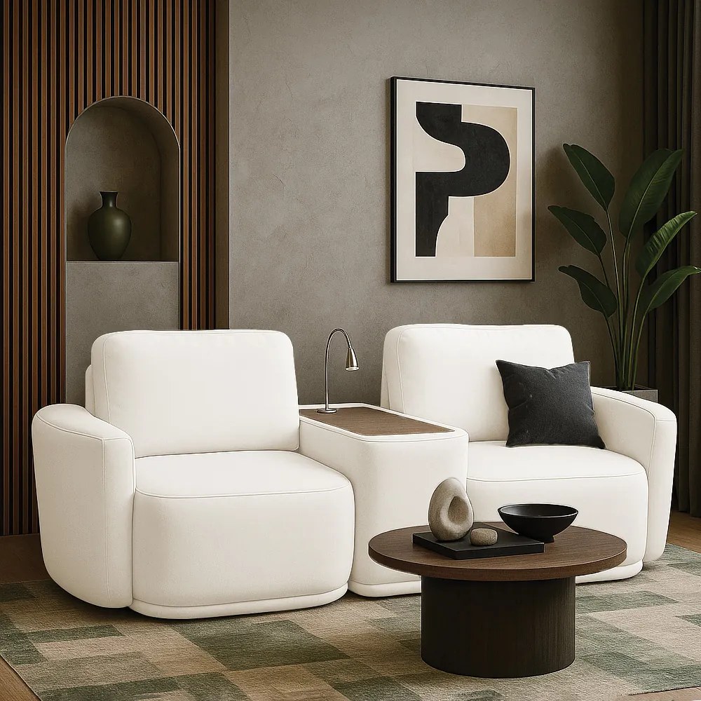 Sofá Sala Modulado 271cm com Console USB Luminária Brumma Bouclê K01 - D'Rossi - Off White