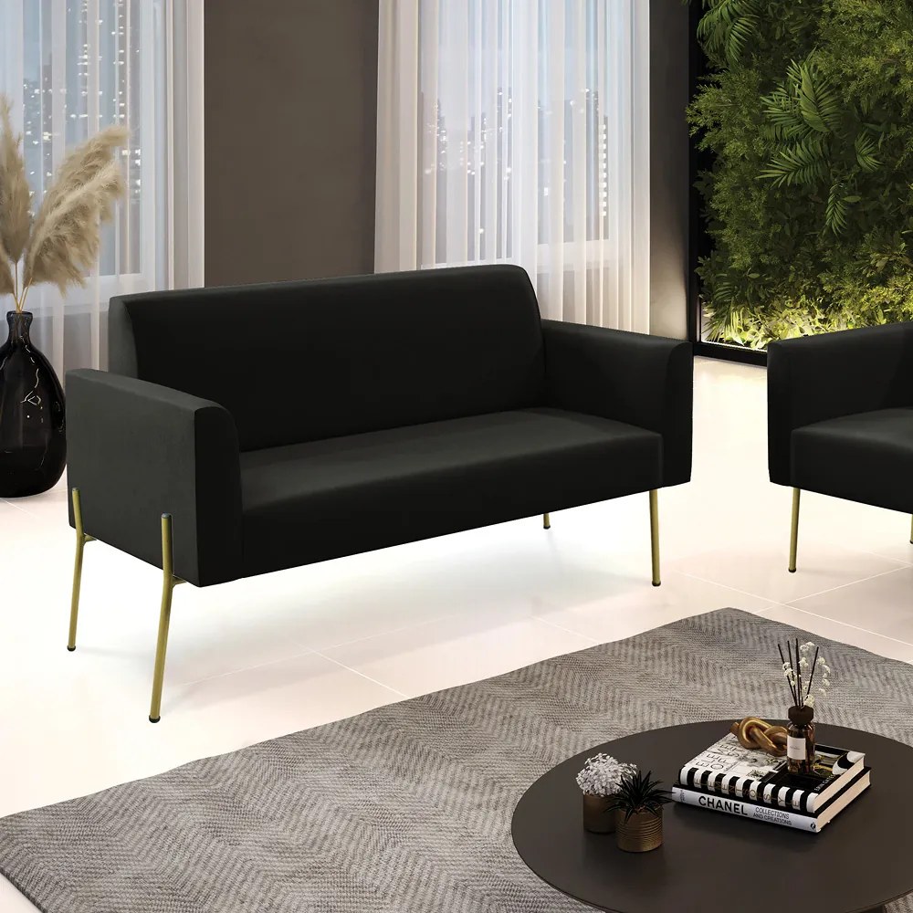 Sofá Namoradeira 2 Lugares Pé de Ferro Dourado Marisa Suede D03 - D'Rossi - Preto