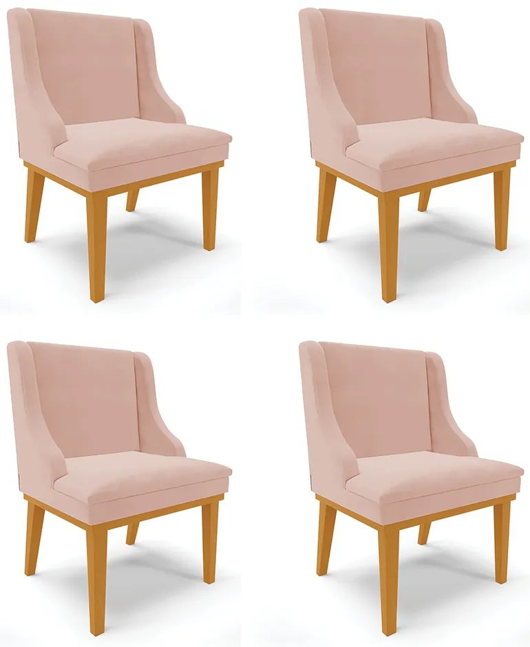 Kit 04 Cadeiras de Jantar Liz Veludo Base Fixa Madeira Castanho D03 - D'Rossi - Rose