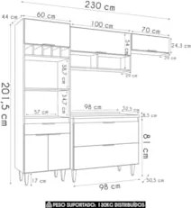 Armário de Cozinha Com Tampo CP04 230cm Pérola Preto Z34      - Mpozen