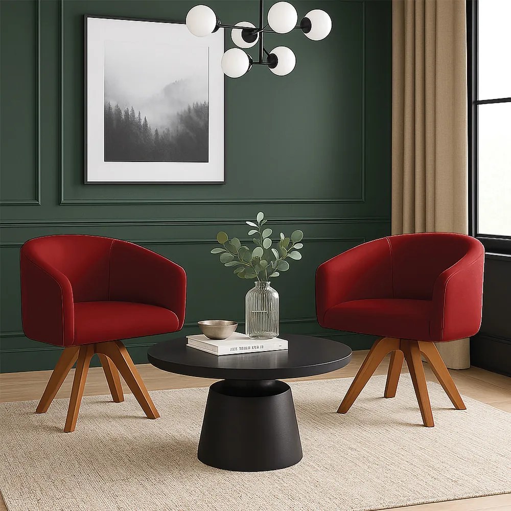 Poltrona Sala Base Giratória Madeira Kit 2 Arielle Veludo Marsala D03 - D'Rossi