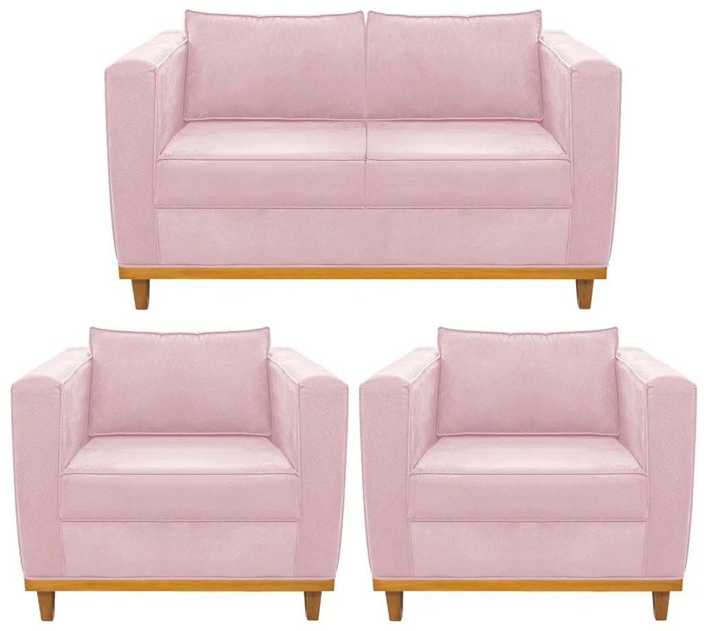 Kit Sofá 2 Lugares e 2 Poltronas Europa Suede Rosa Bebê ADJ Decor