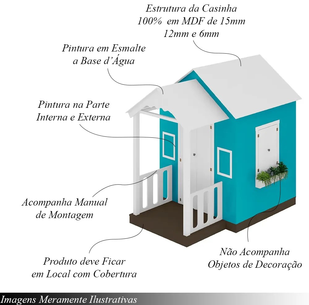 Casinha de Brinquedo MDF com Varanda Artesanal Branco/Azul Turquesa L12 - Gran Belo