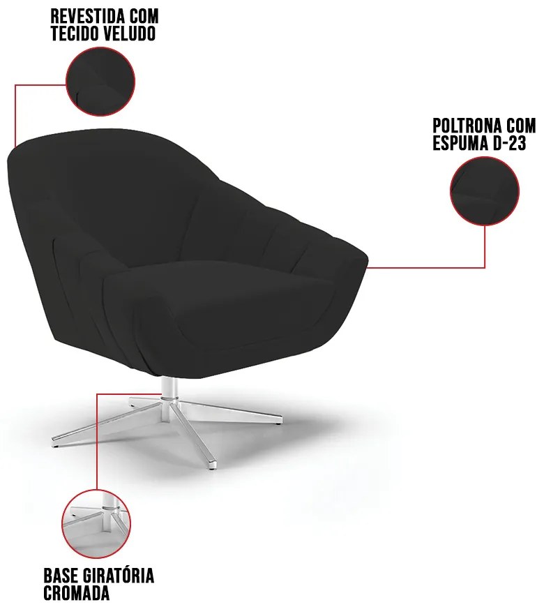 Poltrona Giratória Giovana Veludo Base Cromada D03 - D'Rossi - Preto