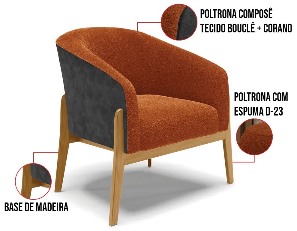 Poltrona e Puff Decorativo Base Madeira Stella PU Preto/Bouclê D03 - D'Rossi - Terra