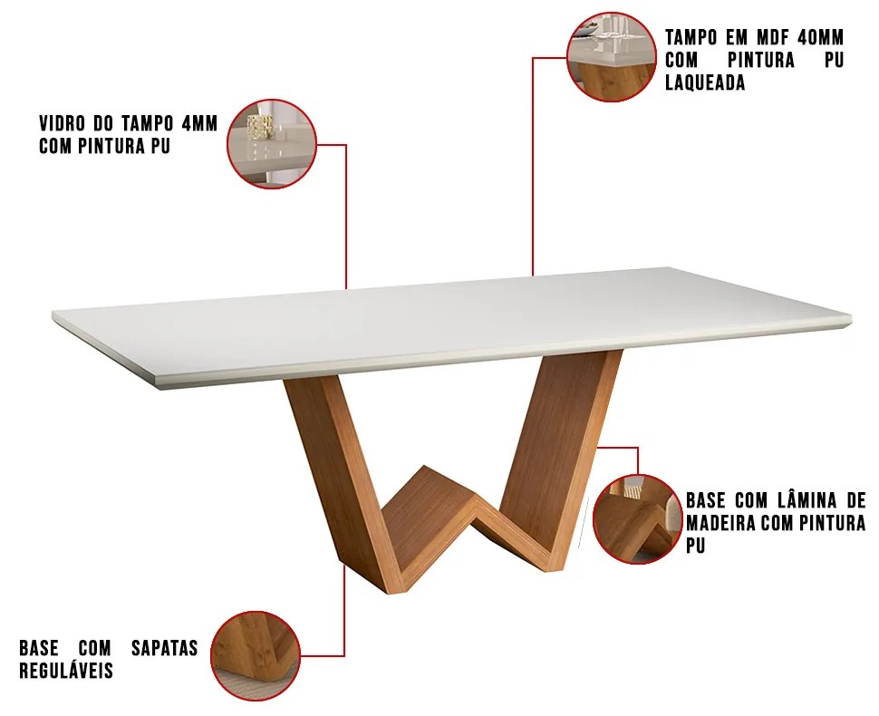Mesa de Jantar Valentina 220x110 Cm Off White Com Base de Madeira Cinamomo - D'Rossi