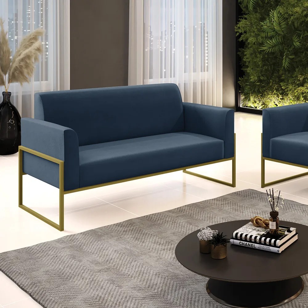 Sofá Namoradeira Base Industrial Alta Dourado Marisa Suede D03 - D'Rossi - Azul Marinho