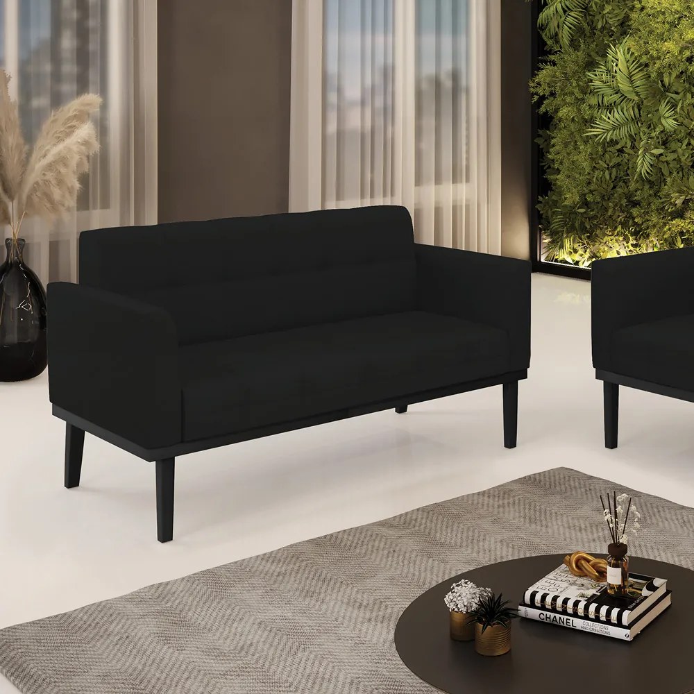 Poltrona Namoradeira Decorativa Karen Pés Fixo em Madeira Preto Linho Preto G19 - Gran Belo