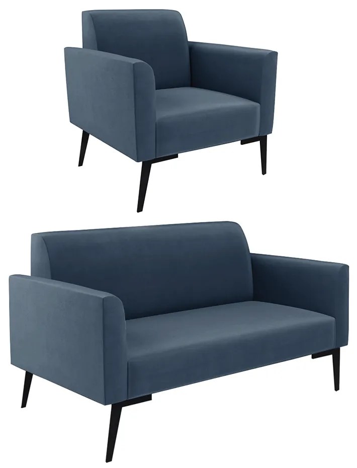 Sofá Namoradeira com Poltrona Pés Villach Marisa Suede D03 - DRossi - Azul Marinho