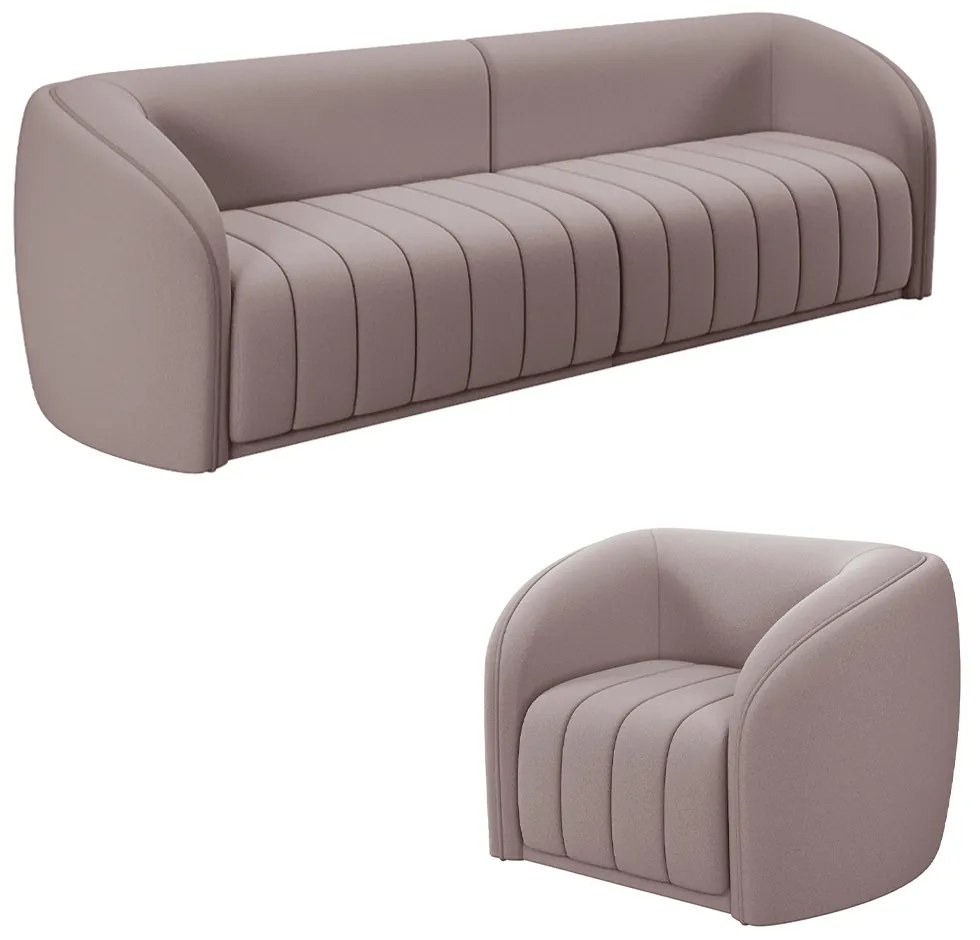 Conjunto Sala de Estar Sofá 252cm 3 Lugares e Poltrona Adam Veludo Rosê G45 - Gran Belo