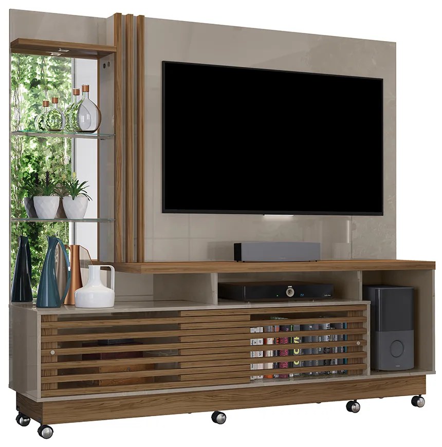 Estante de TV 60 Pol 200cm com Rodízio Sala de Estar Lumari M20 - D'Rossi - Fendi e Naturale