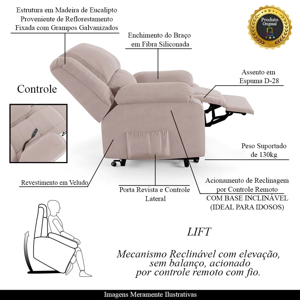 Poltrona do Papai Reclinável Sala de Cinema Madrid Elevação Lift Elétrico Veludo Rosê G23
