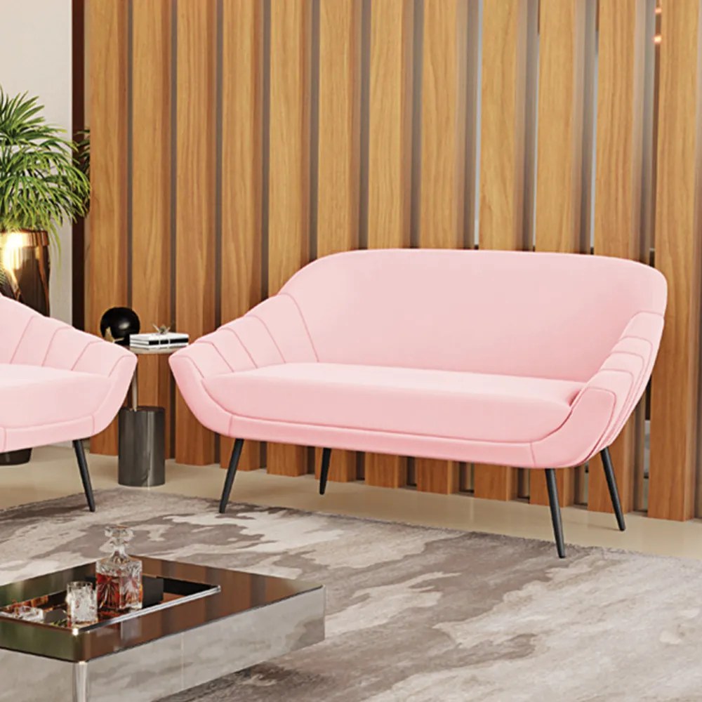 Namoradeira 02 Lugares Giovana Suede Pés Palito de Ferro - D'Rossi - Rosa Bebê