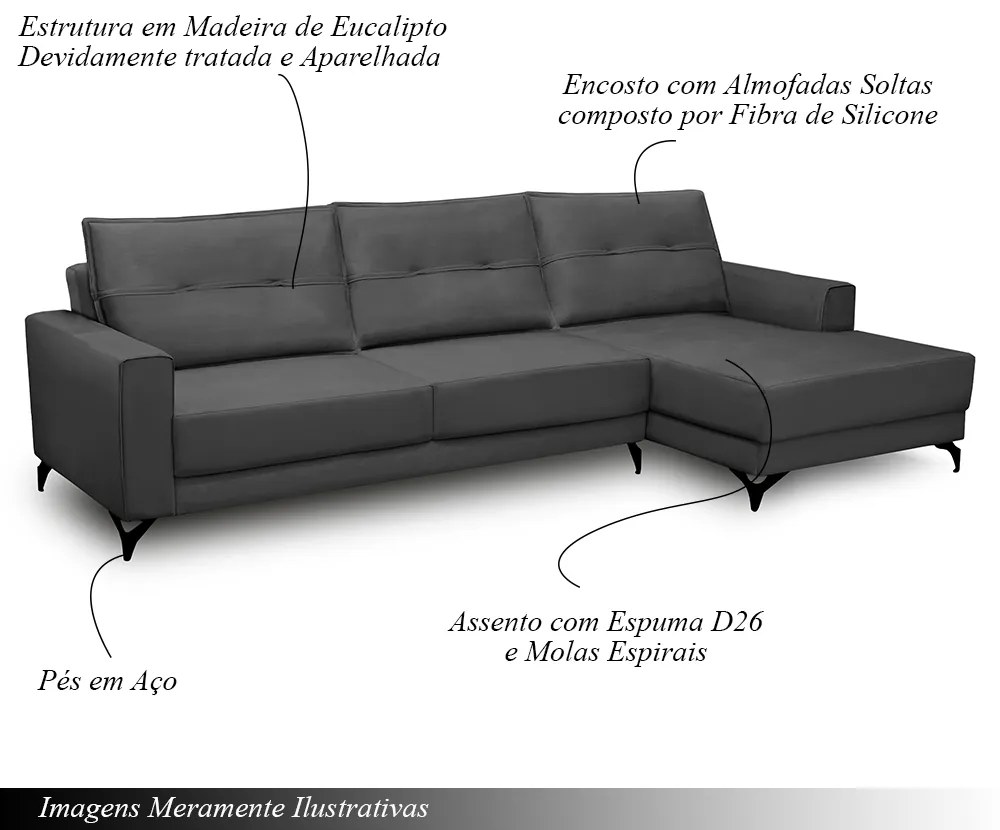 Sofá Decorativo 4 Lugares com Chaise Rebecca 285cm Veludo Grafite G22 - Gran Belo