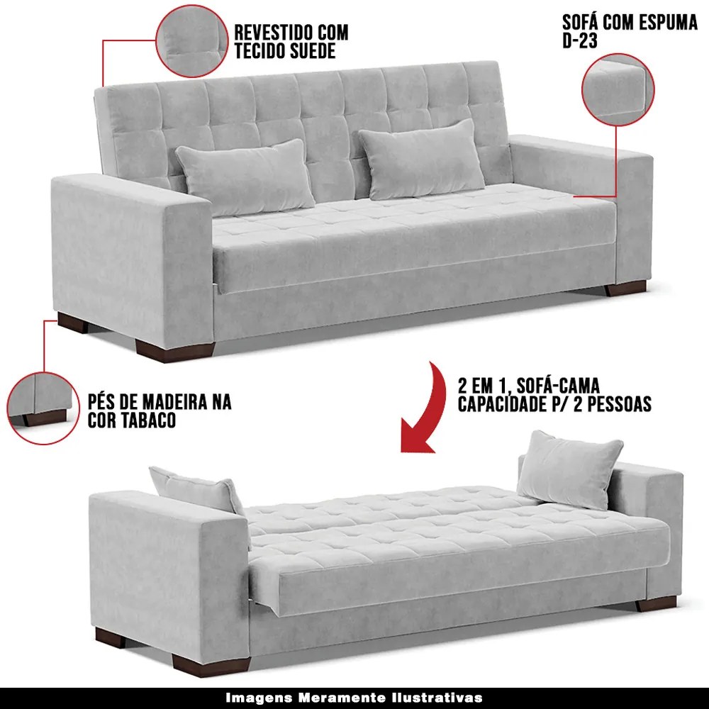 Sofá Cama Decorativo 210cm Beesley Suede Cinza G19 - Gran Belo