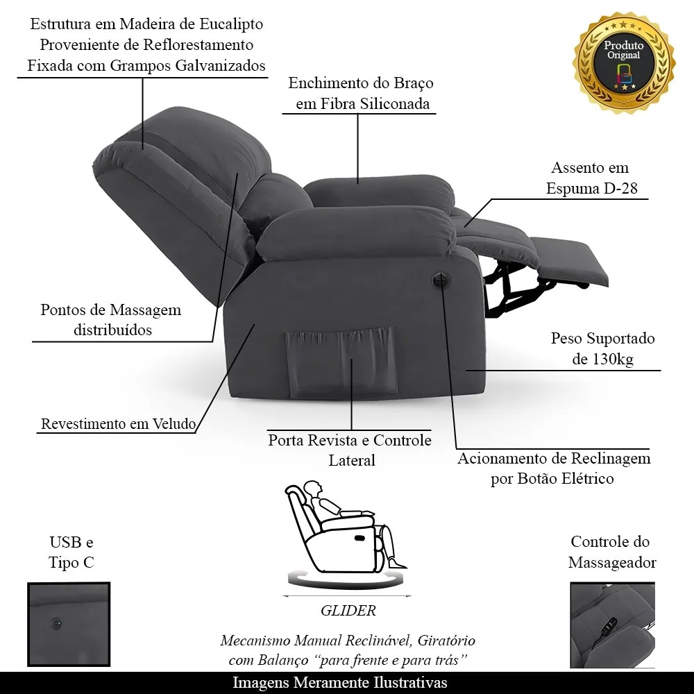 Poltrona do Papai Reclinável Sala de Cinema Madrid Glider Manual Giratória Massagem USB Veludo Cinza Grafite G23